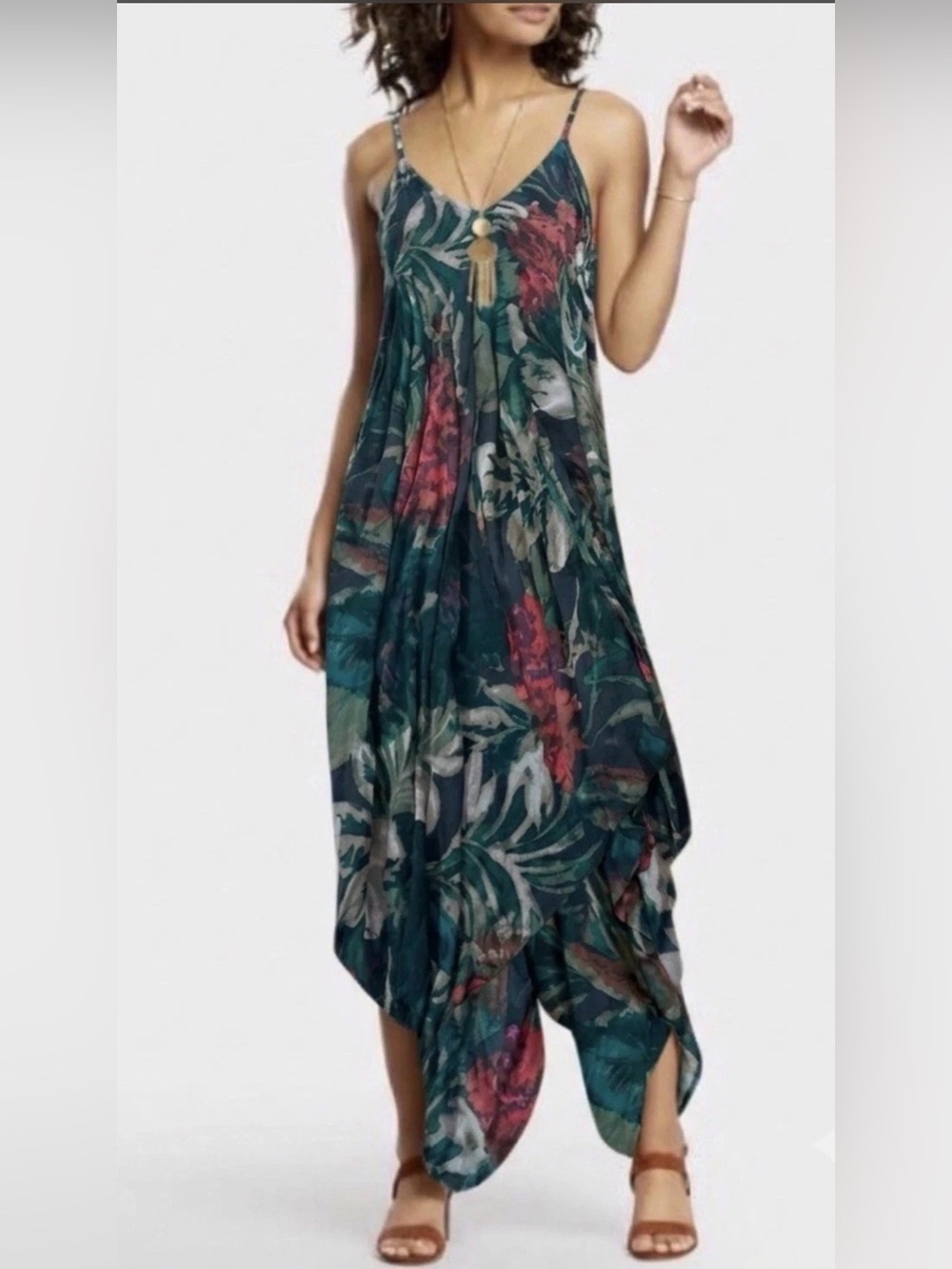 NWT Cost Plus World Market Teal Floral V-Neck Tropical Romper - S/M